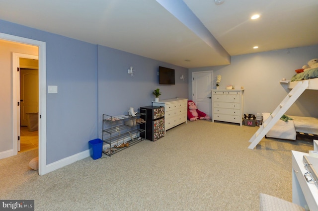 carpeted bedroom with recessed lighting and baseboards