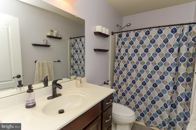 bathroom featuring toilet, vanity, and curtained shower