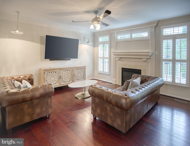 living room with a ceiling fan, hardwood / wood-style floors, ornamental molding, and healthy amount of natural light