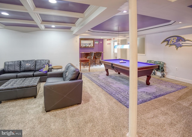playroom featuring carpet floors, recessed lighting, a dry bar, billiards table, and baseboards