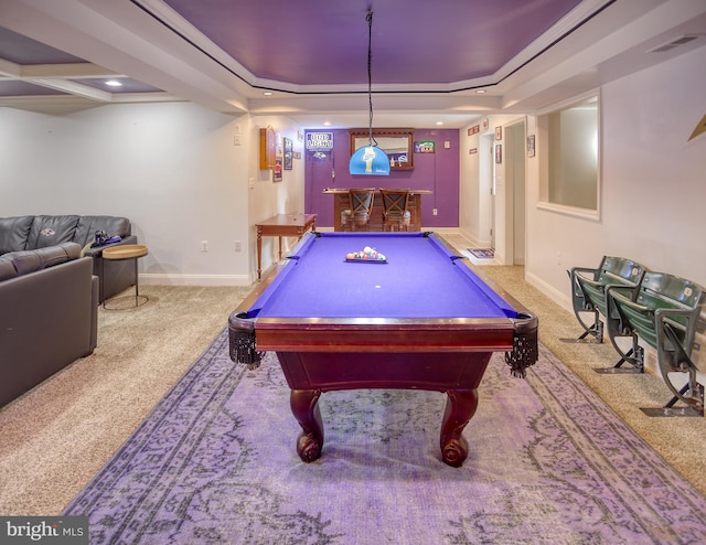 recreation room featuring a bar, carpet flooring, pool table, a raised ceiling, and baseboards