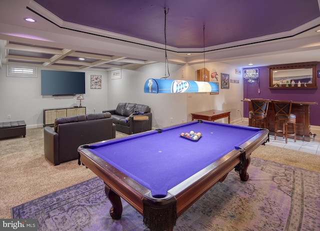 rec room with a dry bar, recessed lighting, billiards, baseboards, and coffered ceiling