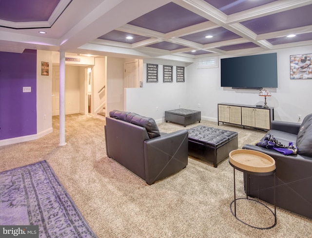 living area with carpet flooring, baseboards, coffered ceiling, beamed ceiling, and recessed lighting