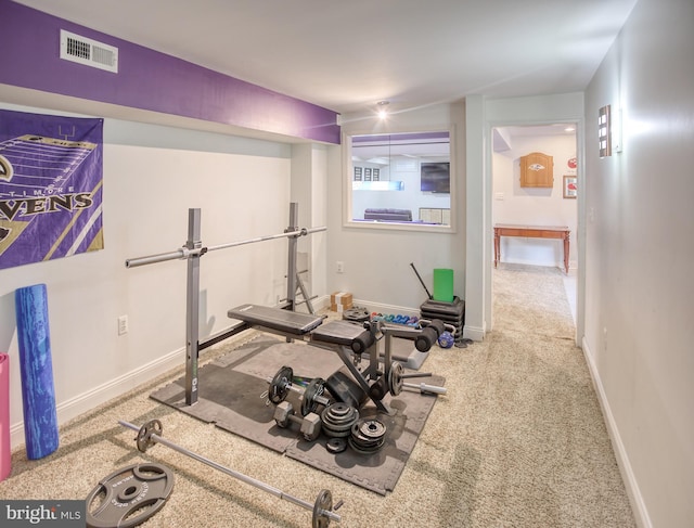 exercise room with baseboards and carpet floors
