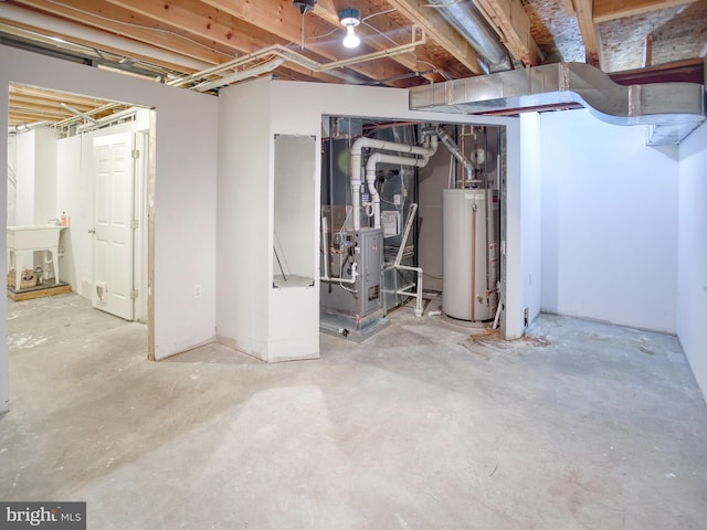 unfinished below grade area with water heater and heating unit