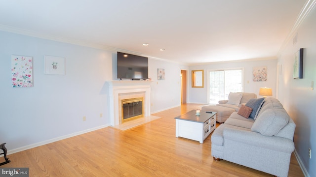 1042 Country Club Rd, Camp Hill, PA 17011 - living room with ornamental molding, light wood finished floors, a fireplace with flush hearth, and recessed lighting