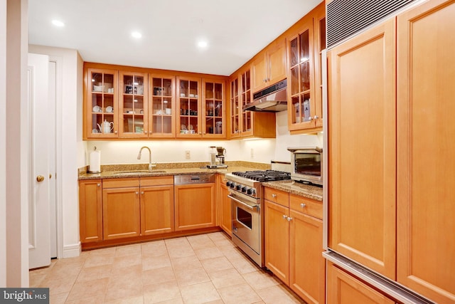 1155 23rd St NW Unit 2E, Washington, DC 20037 - kitchen featuring high quality appliances, a sink, under cabinet range hood, glass insert cabinets, and light stone counters