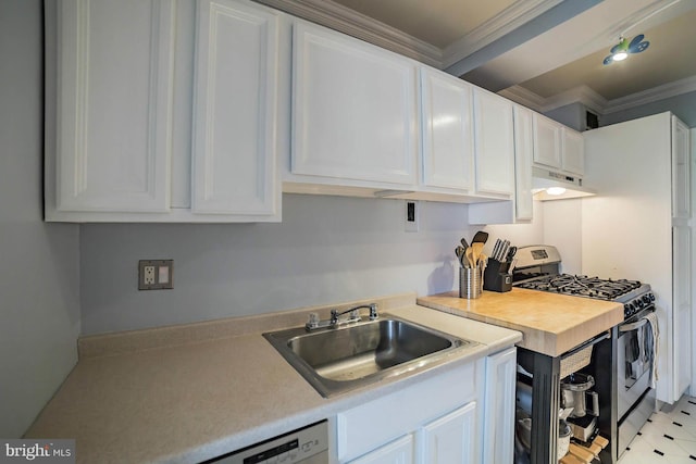 4201 Cathedral Ave NW Unit 916E, Washington, DC 20016 - kitchen with gas stove, a sink, ornamental molding, light countertops, and white cabinetry