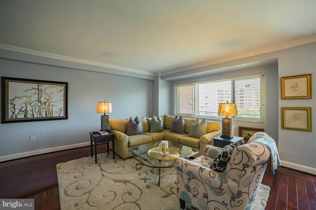4201 Cathedral Ave NW Unit 916E, Washington, DC 20016 - living room with baseboards, ornamental molding, and wood finished floors