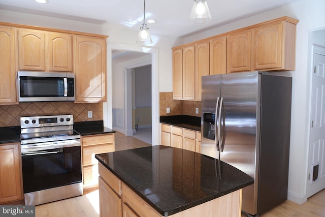 11504 Woodview Ct, Hagerstown, MD 21742 - kitchen with appliances with stainless steel finishes, light brown cabinets, recessed lighting, tasteful backsplash, and dark stone countertops