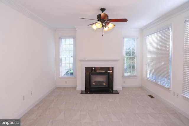 11504 Woodview Ct, Hagerstown, MD 21742 - unfurnished living room with crown molding, a ceiling fan, a glass covered fireplace, baseboards, and carpet flooring