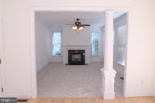 11504 Woodview Ct, Hagerstown, MD 21742 - unfurnished living room with crown molding, a fireplace with flush hearth, a ceiling fan, and baseboards