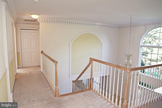 11504 Woodview Ct, Hagerstown, MD 21742 - hallway with a chandelier, carpet flooring, and an upstairs landing