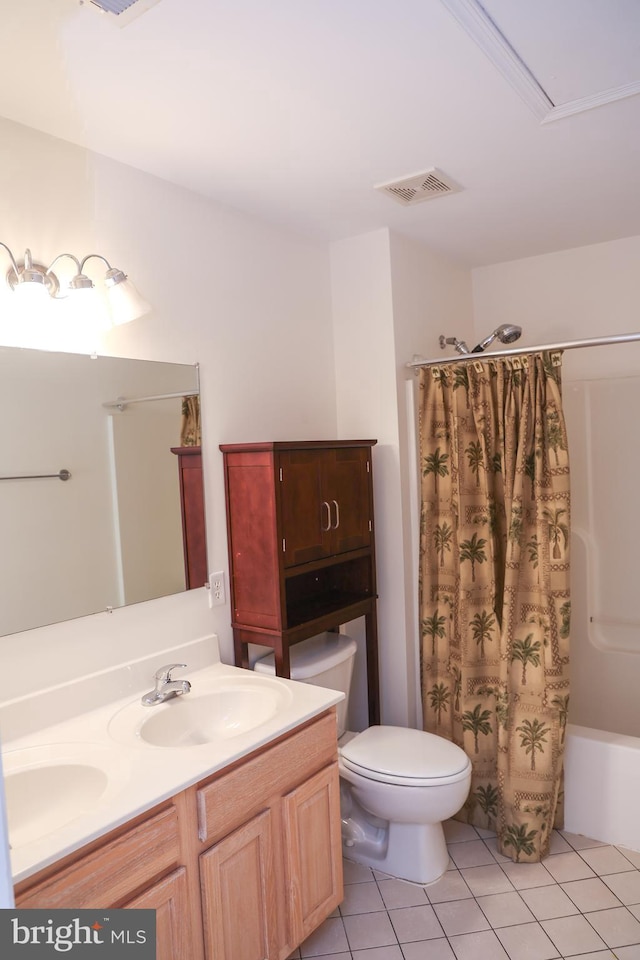 11504 Woodview Ct, Hagerstown, MD 21742 - bathroom featuring tile patterned floors, toilet, double vanity, and shower / tub combo