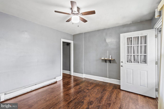 636 Elizabeth St, Beverly, NJ 08010 - empty room with a baseboard radiator, ceiling fan, wood finished floors, and baseboards