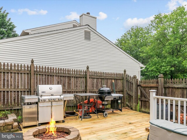 275 Tolstoy Ln, Severna Park, MD 21146 - wooden deck with a fire pit, fence, and area for grilling