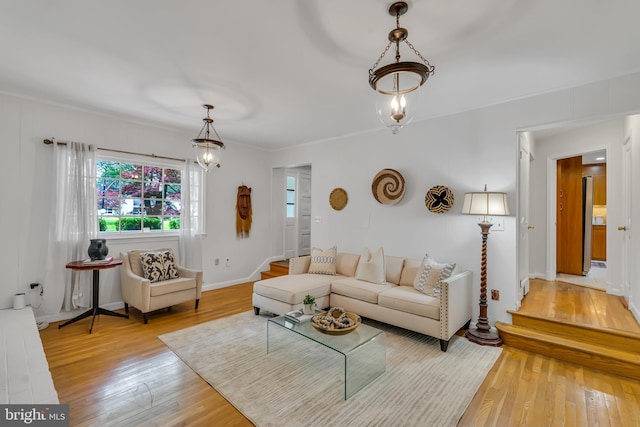 living room featuring wood finished floors, crown molding, and baseboards