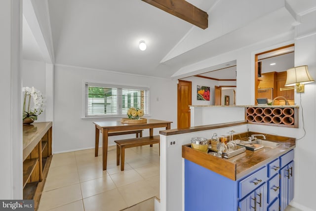 kitchen featuring blue cabinets, a sink, and baseboards