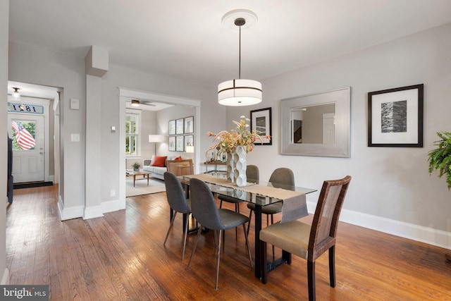 dining room with hardwood / wood-style flooring and baseboards