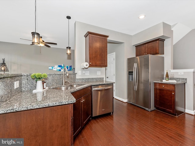 5920 Forum Sq ., Unit Frederick, MD 21703 - kitchen with a sink, stainless steel appliances, a ceiling fan, a peninsula, and light stone countertops