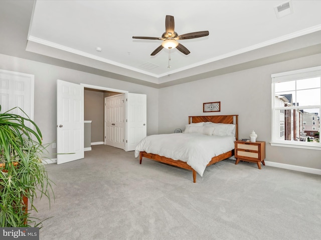 5920 Forum Sq ., Unit Frederick, MD 21703 - bedroom featuring carpet, a tray ceiling, ornamental molding, baseboards, and ceiling fan