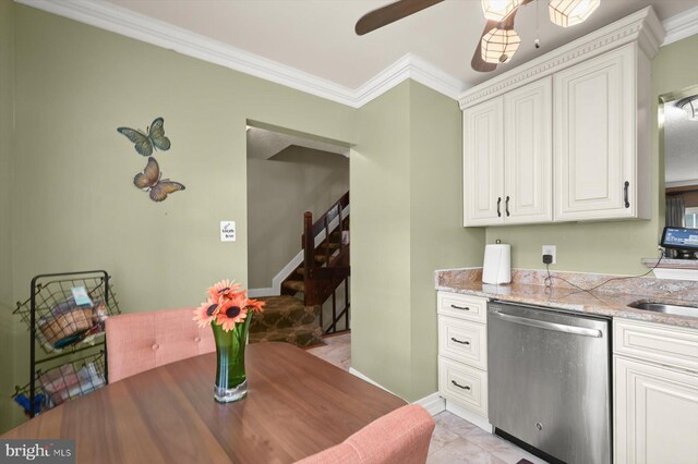 737 Saint Michaels Dr, Bowie, MD 20721 - kitchen featuring stainless steel dishwasher, crown molding, light stone counters, white cabinetry, and ceiling fan