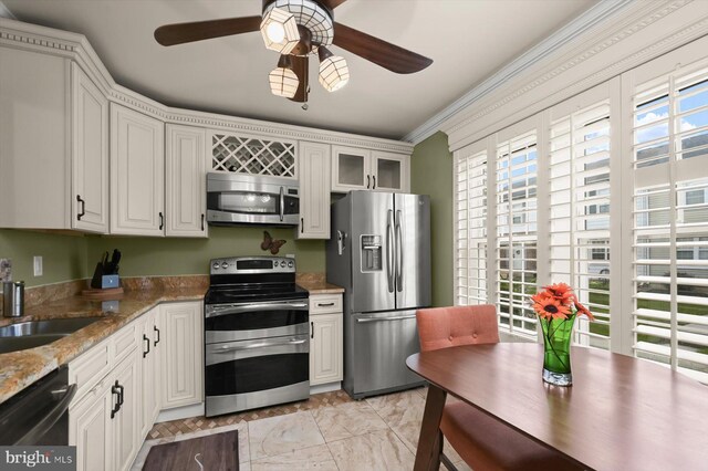 737 Saint Michaels Dr, Bowie, MD 20721 - kitchen with appliances with stainless steel finishes, ceiling fan, white cabinetry, and a sink