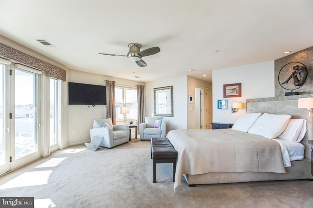 bedroom featuring access to outside, multiple windows, carpet, a ceiling fan, and recessed lighting