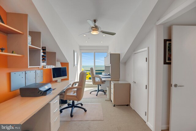 office with ceiling fan, light colored carpet, and recessed lighting
