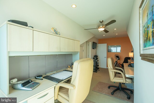 carpeted office space featuring ceiling fan and recessed lighting