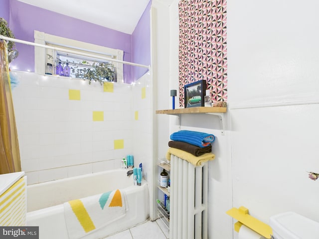 4714 Woodland Ave, Philadelphia, PA 19143 - full bathroom featuring shower / tub combo, radiator heating unit, toilet, and tile patterned flooring