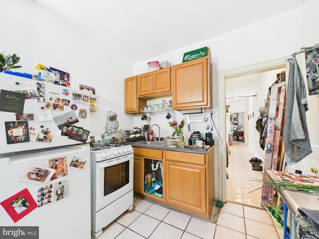 4714 Woodland Ave, Philadelphia, PA 19143 - kitchen with white appliances, a sink, light tile patterned flooring, and dark countertops