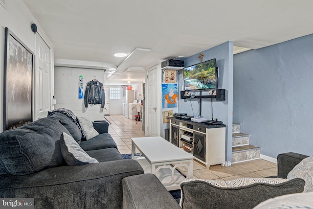 tiled living area with stairs and baseboards