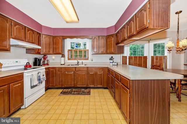 kitchen featuring electric stove, under cabinet range hood, a sink, a peninsula, and light countertops