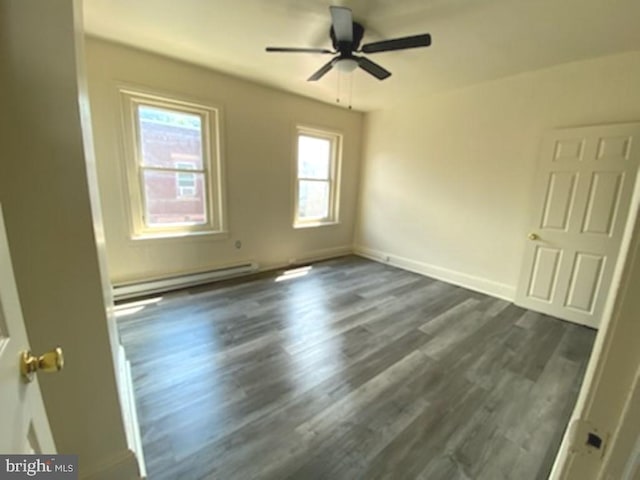 433 E Auburn St, Philadelphia, PA 19134 - empty room with a baseboard radiator, a ceiling fan, dark wood-style floors, and baseboards