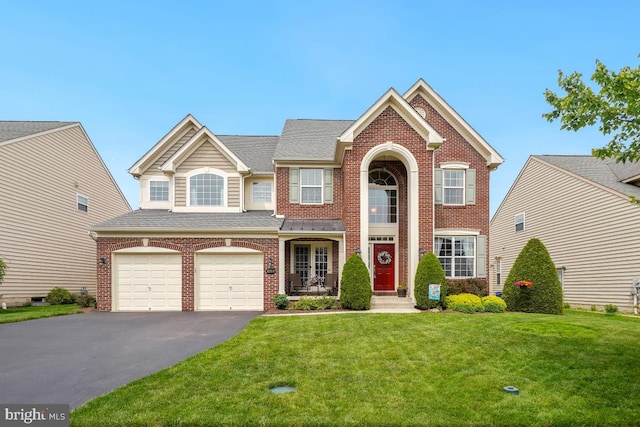6218 Alan Linton Blvd W, Frederick, MD 21703 - view of front of property with asphalt driveway, a front lawn, an attached garage, brick siding, and a shingled roof