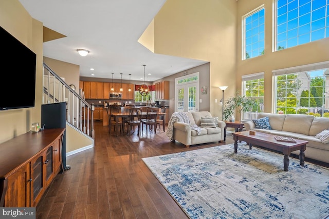 6218 Alan Linton Blvd W, Frederick, MD 21703 - living area featuring dark wood-style flooring, stairs, and recessed lighting