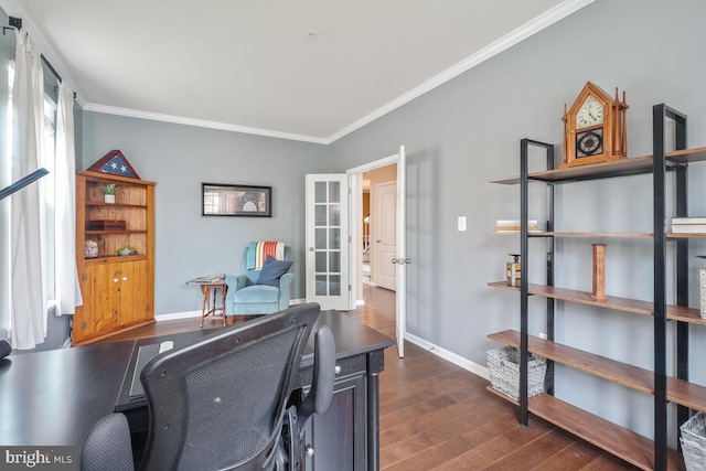 6218 Alan Linton Blvd W, Frederick, MD 21703 - home office featuring dark wood-type flooring, french doors, crown molding, and baseboards