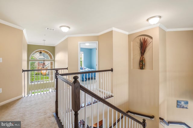 6218 Alan Linton Blvd W, Frederick, MD 21703 - corridor featuring an upstairs landing, baseboards, crown molding, and carpet
