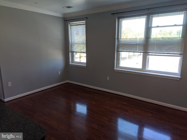 spare room with plenty of natural light, wood finished floors, baseboards, and crown molding