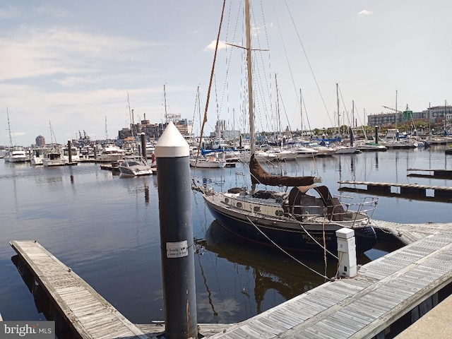 dock area with a water view and view of marina