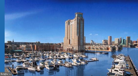 water view with a marina and nearby urban area