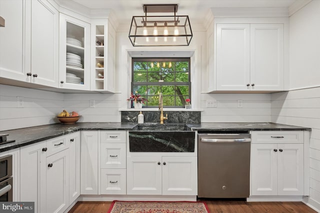 kitchen with dishwasher, a sink, white cabinets, and dark wood-style floors
