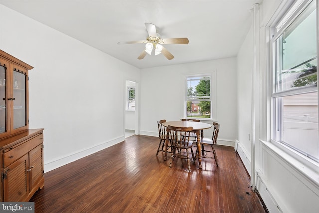 237 Roland Rd, Brookhaven, PA 19015 - dining space with dark wood-type flooring, ceiling fan, and baseboards