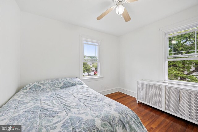 237 Roland Rd, Brookhaven, PA 19015 - bedroom with radiator, multiple windows, wood finished floors, and a ceiling fan