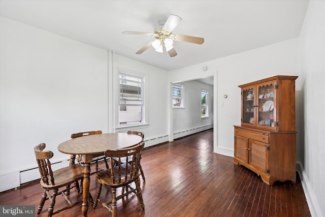 237 Roland Rd, Brookhaven, PA 19015 - dining room with ceiling fan, hardwood / wood-style floors, baseboard heating, and baseboards