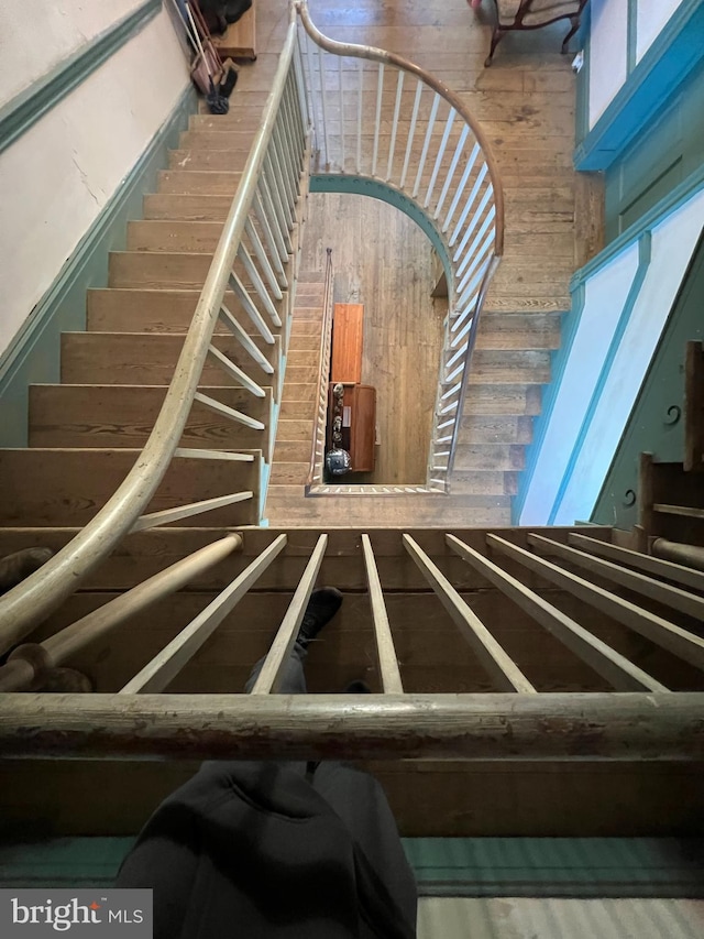stairs with wood walls