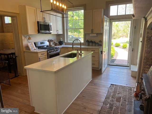 kitchen with stainless steel appliances, a sink, light countertops, and light wood finished floors