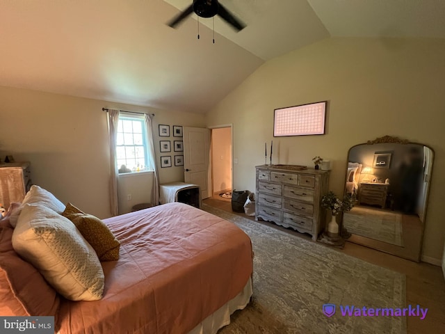 bedroom with lofted ceiling and ceiling fan
