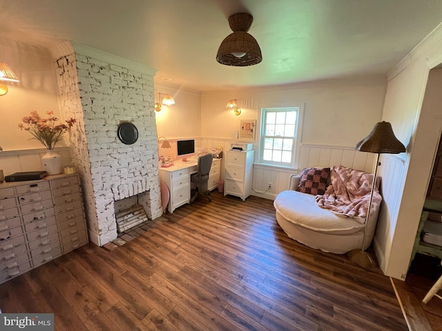 bedroom with a wainscoted wall, ornamental molding, dark wood finished floors, and an office area
